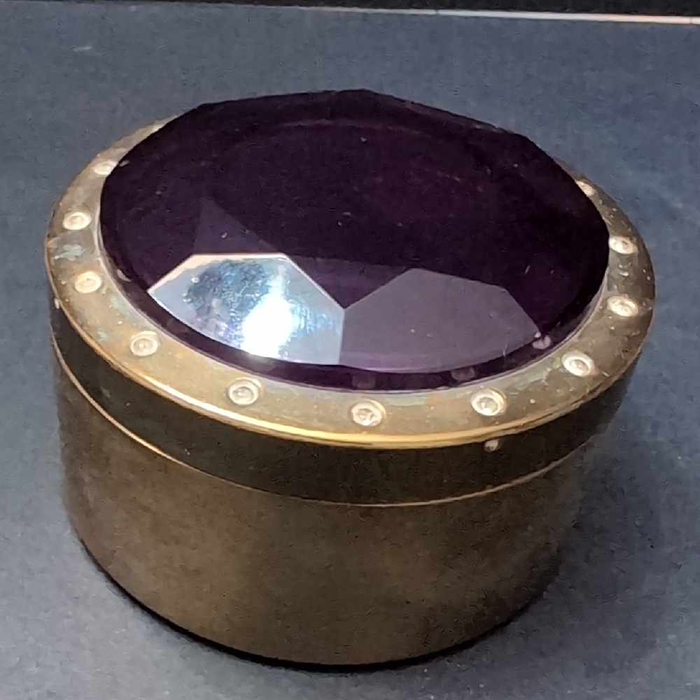 Vintage Brass Round Trinket Box/Pill Box with Faux Amethyst Jewel.